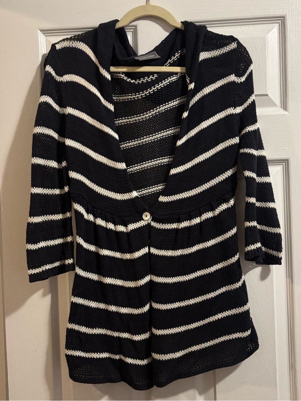 Striped Hooded Knit Cardigan Sweater - Navy and White